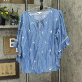 Womens Bell Sleeve Lightweight Denim Shirt Top Blue / White See Measurements