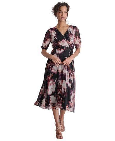 DKNY Tie-Waist Ruched Puff Sheer Sleeves Dress Raisin Purple Multi 4
