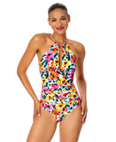 Anne Cole Gradient High Neck One-Piece Swimsuit Gradient Floral Red Blue 10