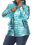White Mark Womens Plus Size Metallic Puffer Coat PS8999M Mint Blue 1X