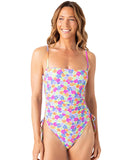 Roxy Womens One-Piece Swimsuit Cheeky Ruched Side Tie Olive Green Multi L