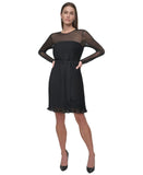 DKNY Petite Belted A-Line Dress Jewel Neck Pleated Mesh Dress XD4KI694 Black 0P