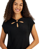 Kasper Womens Keyhole Ring Short Sleeve Knit Top Blouse 10924137 Black L