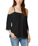 American Rag Juniors Crochet-Trim Cold-Shoulder Blouse Shirt Top Classic Black S