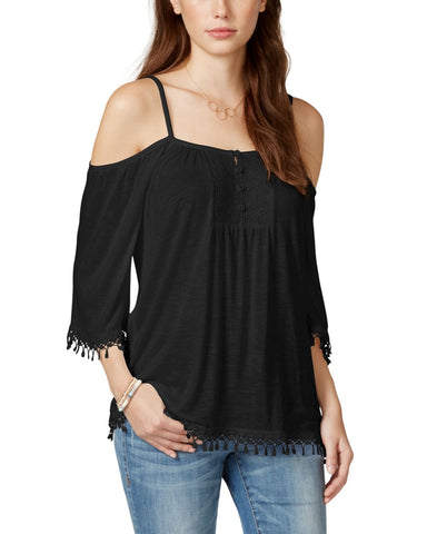 American Rag Juniors Crochet-Trim Cold-Shoulder Blouse Shirt Top Classic Black S