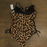 Bar III Womens Lace-Up Cheetah Print One Piece Swimsuit Natural Brown L