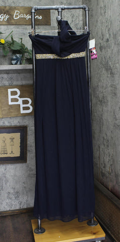 Blondie Nites Juniors One Shoulder Rhinestone Band Gown Dress Navy Blue 5