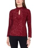 MSK Womens Sequin Keyhole Neck Long Sleeved Top Blouse Dark Wine Red L