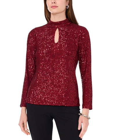 MSK Womens Sequin Keyhole Neck Long Sleeved Top Blouse Dark Wine Red L