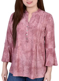 Ny Collection 3/4 Bell Sleeve Pleat Front Y-Neck Top MNKU2046 Mauve Pink M