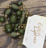 Erica Lyons Layered Threaded Bead Holiday Necklace Gold / Green 29" + 3"