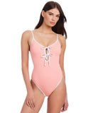 Sanctuary Tie-Front One Piece Swimsuit with Contrast Trim Cherry Blossom Pink L