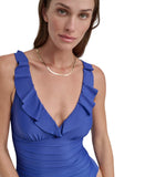 DKNY Plunge Underwire Tummy Control One-Piece Swimsuit Mediterranean Blue M