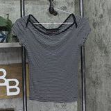 Polly & Esther Juniors Pinstriped Jewel Neck Skimmer T-Shirt Top Black / White M