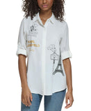 Karl Lagerfeld Womens Eiffel Tower Roll-Tab Button Up Shirt Soft White M