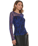 DKNY Women's Printed Mesh Knit Long-Sleeve Ruched Top P2JHVGPC