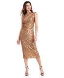 Anne Klein Womens Sleeveless Draped Mock Neck Sequin Midi Dress Gold Yellow L