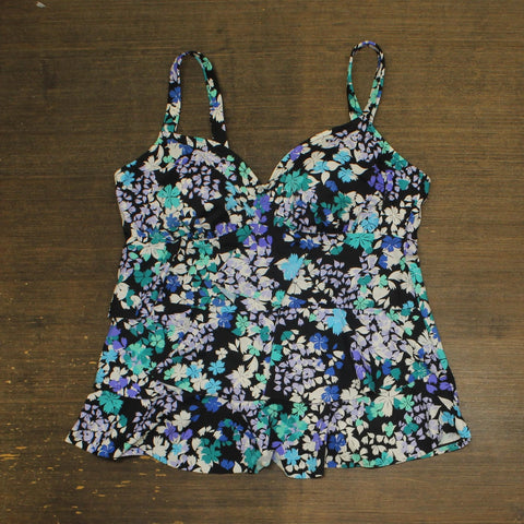 Swim Solutions Womens Floral Stretch Tankini Swim Top Black Blue Multi 18