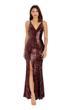 Dress The Population Sequin Bodycon High Side Slit V Neck Maxi Dress Port Red L