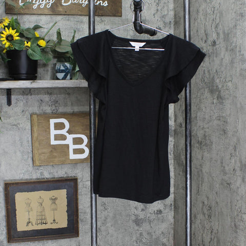 LC Lauren Conrad Womens Knit Deep V-Neck Tiered Sleeve Shirt Top Black S