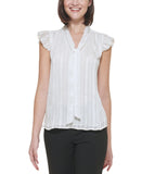 Calvin Klein Tie Neck Ruffle Cap Sleeve Blouse S22T993A Cream Off White L