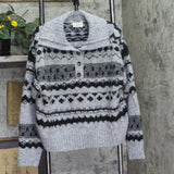 Universal Thread Fair Isle Henley Shawl Collar Jacquard Knit Sweater Dark Gray L