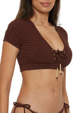 Trina Turk Womens Glimmer Lace-up Crop Swim Top 3683755 Totem Brown Lurex 4