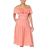 Democracy Flounce Tiered Belted Off the Shoulder Dress Tropical Coral Pink L