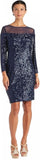 R&M Richards Women's Sequin Long Sleeve Knee-Length Evening Dress Navy Blue 6P