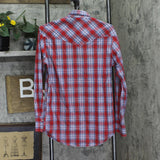 Wrangler Snap Front Western Plaid Long Sleeve Shirt Red / Blue See Measurements