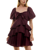 Crystal Doll Sweetheart-Neck Puffed Sleeve Fit Flare Dress Merlot Red 2XS