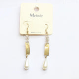Melody Fashion Dangly Rhinestone Faux Pearl Drop Earrings Gold Yellow 2.75"