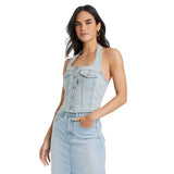 Universal Thread Womens Cropped Sleeveless Denim Halter Shirt Light Wash Blue L