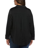 Rafaella Plus Size Notch Collar Satin Long Sleeve Button-Down Blouse Black 1X