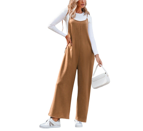 Cupshe Camel Faux Suede Knit Wide Leg Sleeveless Jumpsuit Beige Khaki Brown S