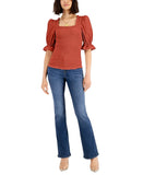 INC International Concepts Smocked Puff-Sleeve Solid Top Summer Fig Orange S