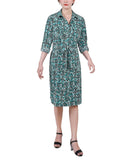 Ny Collection Petite Geometric Printed Long Sleeve Roll Tab Shirtdress Dress