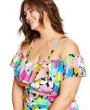Swim Solutions Off-The-Shoulder Ruffled Swimsuit Floral Frenzy Multi Blue 18W