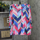 Alfred Dunner Geometric 3/4 Sleeve Knot Accent Shirt Top Pink Blue Multi 1X