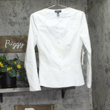 Aqua Linen Blend Square Neck Button Front Collarless Jacket Ivory Off White S