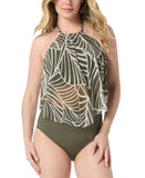 Coco Reef Womens Aura Palm Print Mesh Ruffle Tankini Swim Top Green / Multi 36DD