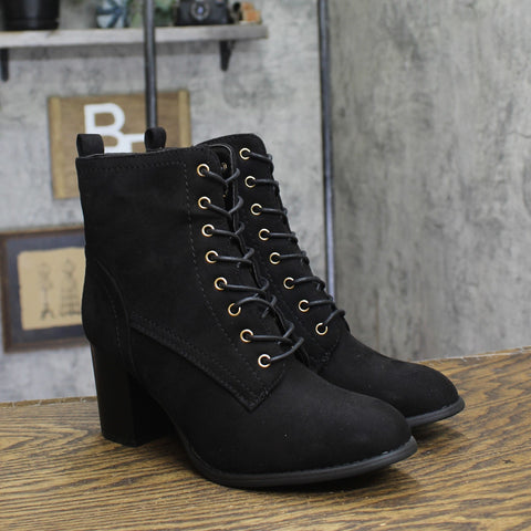 Journee Collection Lace-Up Zip Block Heel Faux Suede Bootie Boots Black 8.5M