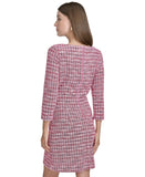 Halston Tweed Faux Wrap Embellished 3/4 Sleeve Shift Dress Fuchsia Pink 12
