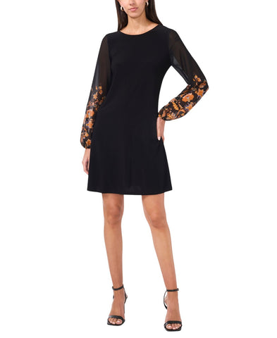 MSK Round Neck Contrast Sheer Long Sleeve Midi Shift Dress Black / Multi PS