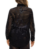 Dotti Womens Cotton Openwork Dot Cover-up Beach Shirt Roll Tab Sleeve Black S
