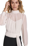 Calvin Klein Neck Chiffon Waist Tie Sash Crepe Skirted Dress Cream / Black 14