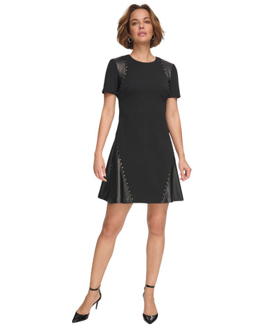 DKNY Womens Short Sleeve Leather Detail Flare Sheath Dress DD3J1489 Black 10