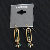 Express Oval Frame Beaded Cluster Dangly Drop Earrings Gold / Green Multi 1.75"