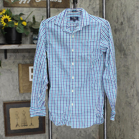 Thompson Shirtings by J. Crew Mens 80s 2-Ply Dress Shirt Blue Check XS 13-13 1/2