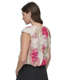 DKNY Womens Floral-Print V-Neck Cap-Sleeve Top May Watercolor Pink Multi M